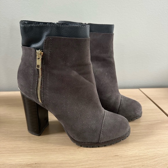 Juicy Couture Shoes - Juicy Couture Grey Suede Block Heel Ankle Boots with Gold Zip, 8.5